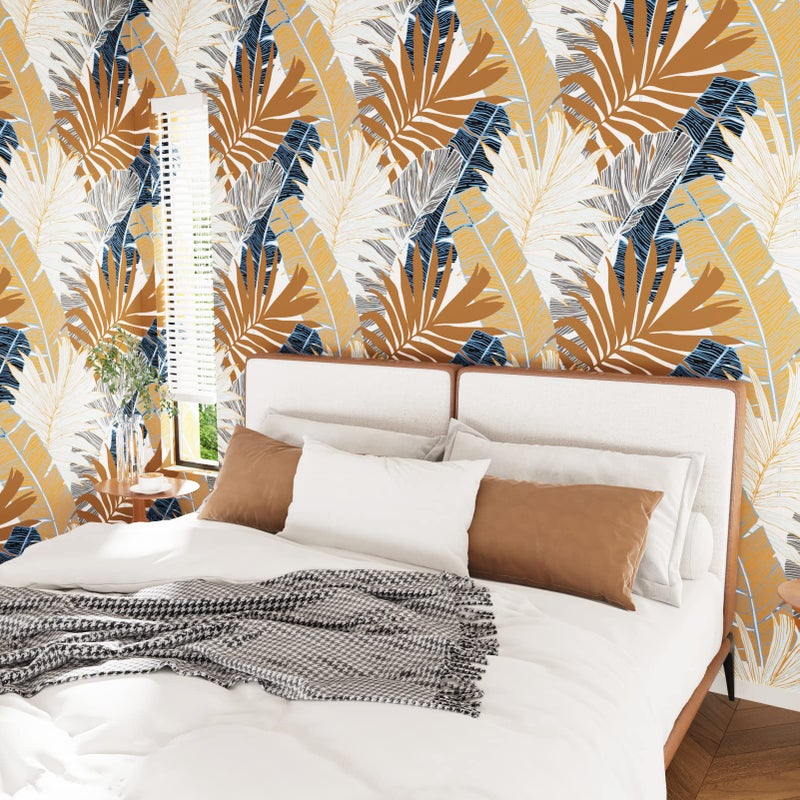 Wallercity Tropical Botanical Leaf Wallpaper Brown Plant Floral Wallpapers for Living Room Bedroom Peel and Stick Wallpaper 17.5" x78.7" Blue Gray Leaves Contact Paper Self Adhesive Vinyl Wall Paper - Image 3