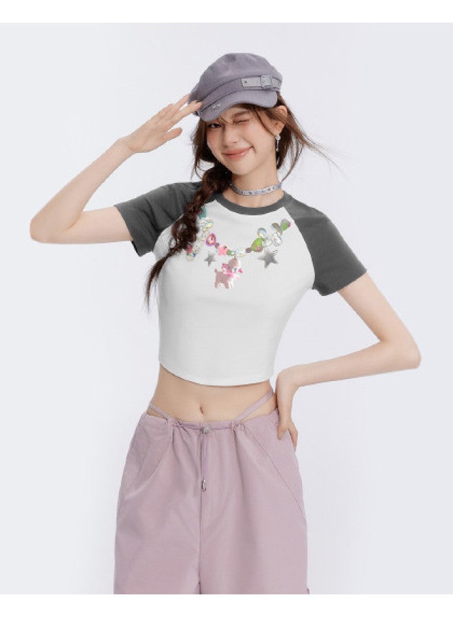 EPTISON تي شيرت نسائي بأكمام قصيرة صيفي بتصميم كتلة الألوان بأكمام راغلان بأسلوب حلو وحار بطباعة دوبامين - Image 1