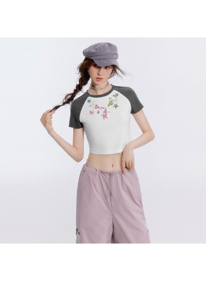 EPTISON تي شيرت نسائي بأكمام قصيرة صيفي بتصميم كتلة الألوان بأكمام راغلان بأسلوب حلو وحار بطباعة دوبامين - Image 3