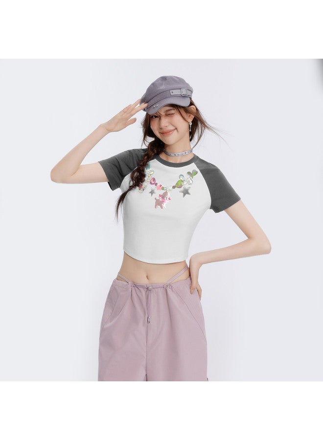 EPTISON تي شيرت نسائي بأكمام قصيرة صيفي بتصميم كتلة الألوان بأكمام راغلان بأسلوب حلو وحار بطباعة دوبامين - Image 2