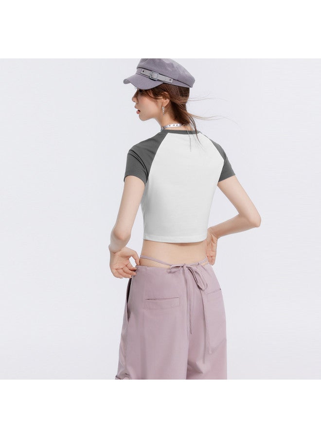 EPTISON تي شيرت نسائي بأكمام قصيرة صيفي بتصميم كتلة الألوان بأكمام راغلان بأسلوب حلو وحار بطباعة دوبامين - Image 5