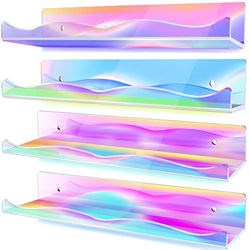 DILIBRA 4 Packs Iridescent Acrylic Floating Shelves, 15.7 Inch Clear Acrylic Display Shelf Wall Mounted, Invisible Set up for Funko Pop Display Shelves Wall Ledge Bookshelf for Kids Room Bathroom Dorm - Image 1