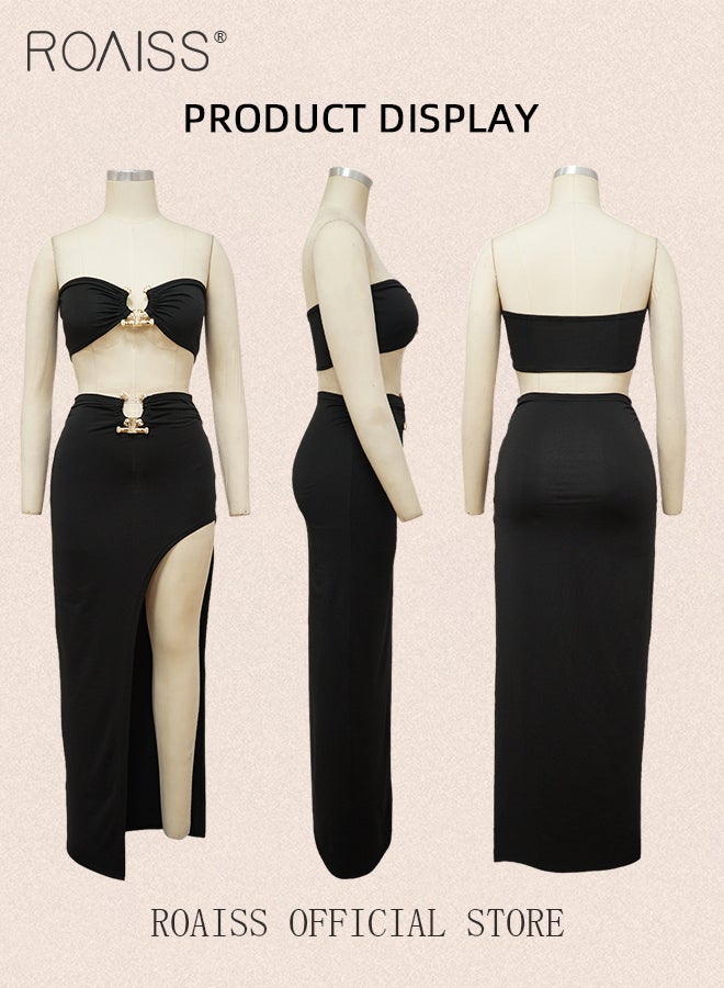 roaiss 2Pcs Tube Top Tight Nightclub Suit for Women Hollow Push up Underwear and Mermaid Hip-Covering High Slit Long Skirt Ladies Adult Charming with Open Design 