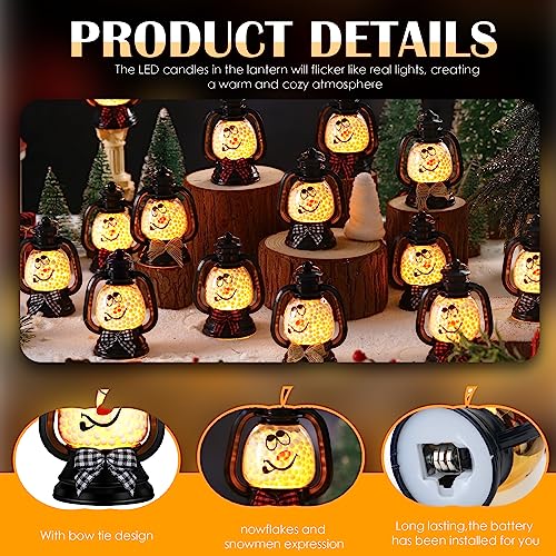 ROCEEI 12 Pcs Christmas Mini Snowman Lanterns Decorative with Flickering LED Candles Buffalo Plaid Bow Small Winter Portable Tabletop Centerpiece for Xmas Tree Indoor Outdoor Party Decor (Black) - Image 3