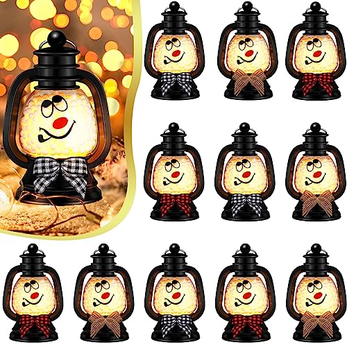 ROCEEI 12 Pcs Christmas Mini Snowman Lanterns Decorative with Flickering LED Candles Buffalo Plaid Bow Small Winter Portable Tabletop Centerpiece for Xmas Tree Indoor Outdoor Party Decor (Black) - Image 1