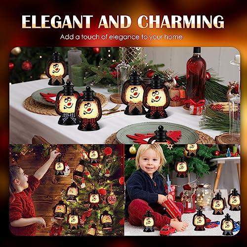ROCEEI 12 Pcs Christmas Mini Snowman Lanterns Decorative with Flickering LED Candles Buffalo Plaid Bow Small Winter Portable Tabletop Centerpiece for Xmas Tree Indoor Outdoor Party Decor (Black) - Image 5