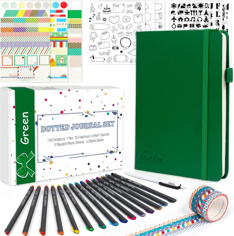 Feela Dotted Journal Kit, Dot Grid Journal Hardcover Planner Notebook Set For Beginners Women Girls Note Taking with Journaling Supplies Stencils Stickers Pens Accessories, A5, 224 Pages, Green - Image 1