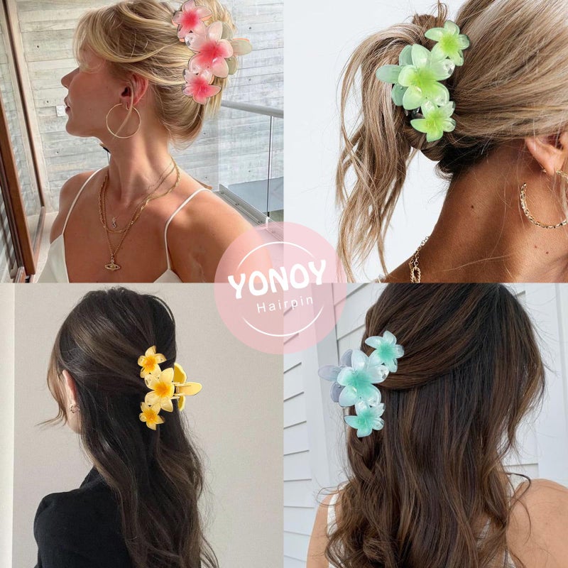 YONOY 6Pcs Flower Hair Clips for Women,Non-Slip Flower Hair Clips for Women,Hawaiian Hair Flower Clip Large Plumeria Banana Cute Clip Beach Hair Accessories (Pearlescent gradient color) - Image 4