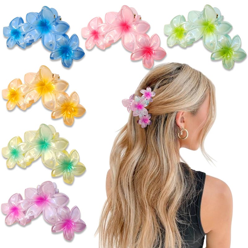 YONOY 6Pcs Flower Hair Clips for Women,Non-Slip Flower Hair Clips for Women,Hawaiian Hair Flower Clip Large Plumeria Banana Cute Clip Beach Hair Accessories (Pearlescent gradient color) - Image 1