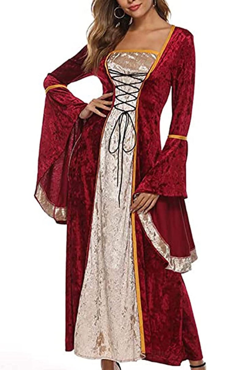 YEAXLUD Womens Renaissance Medieval Costume Dress Lace up Irish Over Long Dresses Cosplay Retro Gown S-5XL (XXXL, Wine Red) - Image 3