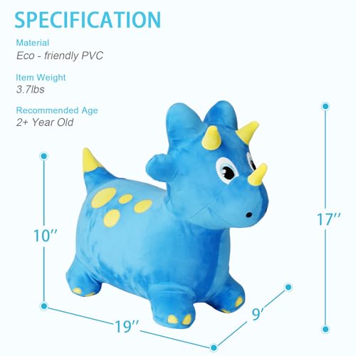 INPANY Bouncy Horse Dinosaur Hopper Toys Toddler Plush Bouncing Animal Dinosaur Birthday Party Decoration Kid Inflatable Ride on Rubber Bouncer Outdoor for 2 3 4 Yr Boy Girl Blue - Image 5