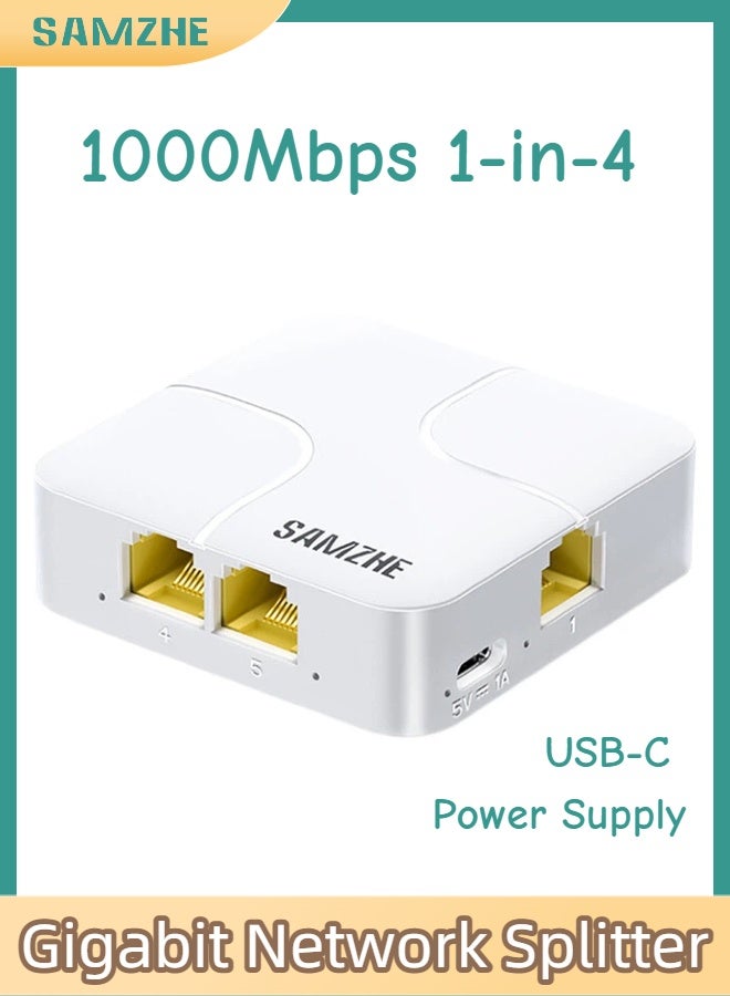 SAMZHE موزع شبكة جيجابت SZ-JKQ04 من 1 إلى 4، موزع إيثرنت عالي السرعة RJ45 بأربعة منافذ، يعمل بمنفذ USB من النوع C (المحول غير مرفق)، التوصيل والتشغيل، متوافق مع كابلات Cat 5/5e/6/6A/7/8 (أبيض) - Image 1
