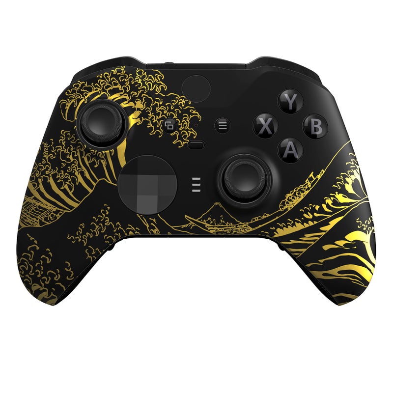eXtremeRate The Great GOLDEN Wave Off Kanagawa - Black Faceplate Cover, Front Housing Shell Replacement Kit for Xbox One Elite Series 2, Xbox Elite 2 Core Controller Model 1797 - Accent Rings Included - Image 1