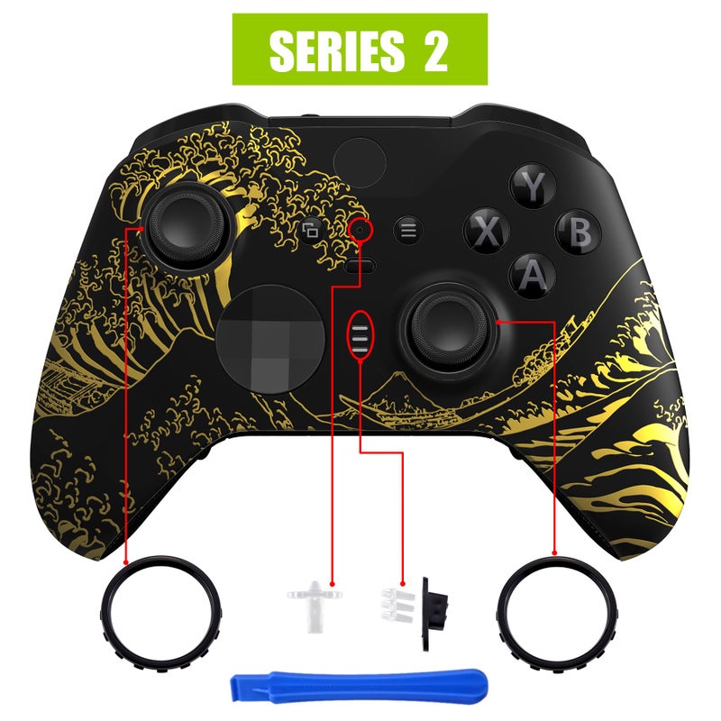 eXtremeRate The Great GOLDEN Wave Off Kanagawa - Black Faceplate Cover, Front Housing Shell Replacement Kit for Xbox One Elite Series 2, Xbox Elite 2 Core Controller Model 1797 - Accent Rings Included - Image 4