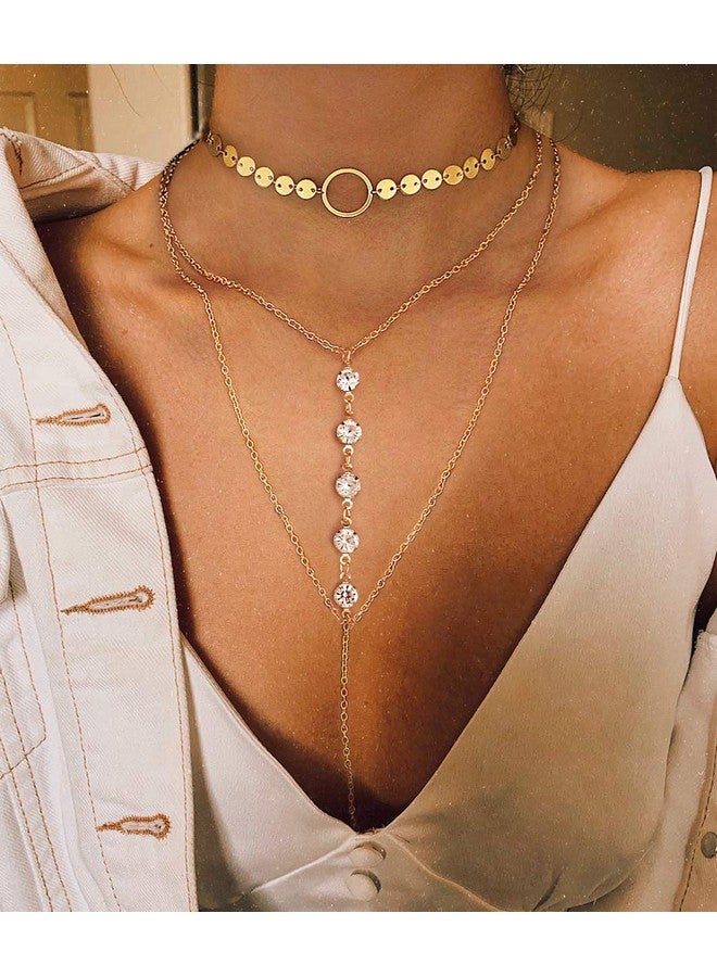 Suyi Stylish Layered Sequins Choker Necklace With Thin Long Chain Pendant For Women Lady Girl (Crystal Gold) - Image 2