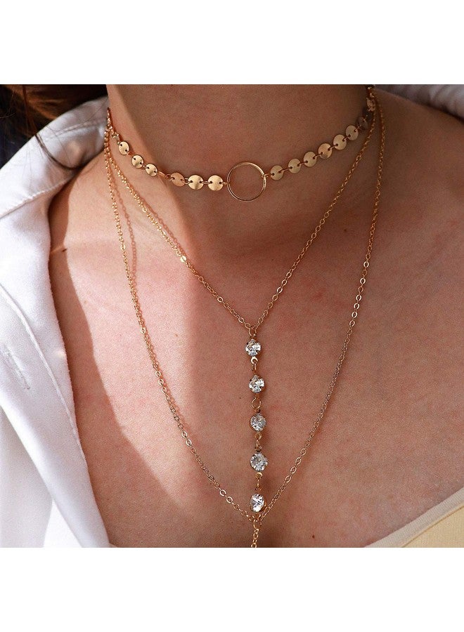 Suyi Stylish Layered Sequins Choker Necklace With Thin Long Chain Pendant For Women Lady Girl (Crystal Gold) - Image 3