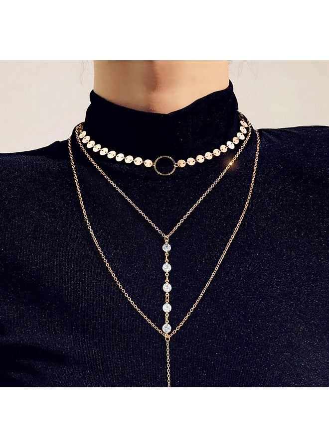 Suyi Stylish Layered Sequins Choker Necklace With Thin Long Chain Pendant For Women Lady Girl (Crystal Gold) - Image 4