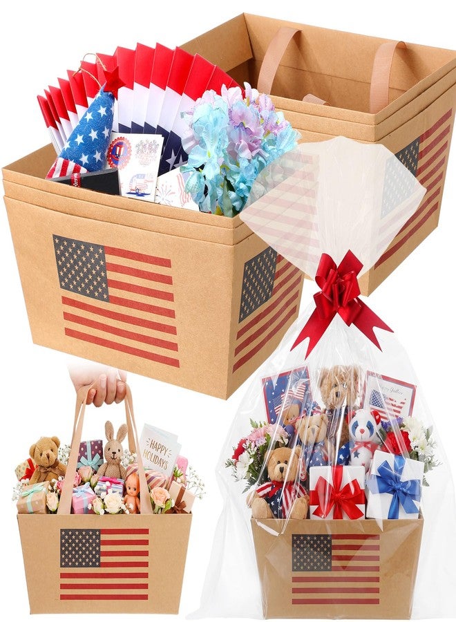 Funnymoom 6 Pack 4th of July Basket for Gifts Empty with Cellophane Bags Pull Bows Patriotic 250th Anniversary Flag Kraft Paper Basket USA Red Blue Gift Box for Memorial Day Party Favors, 9.8x6.5'' - Image 1