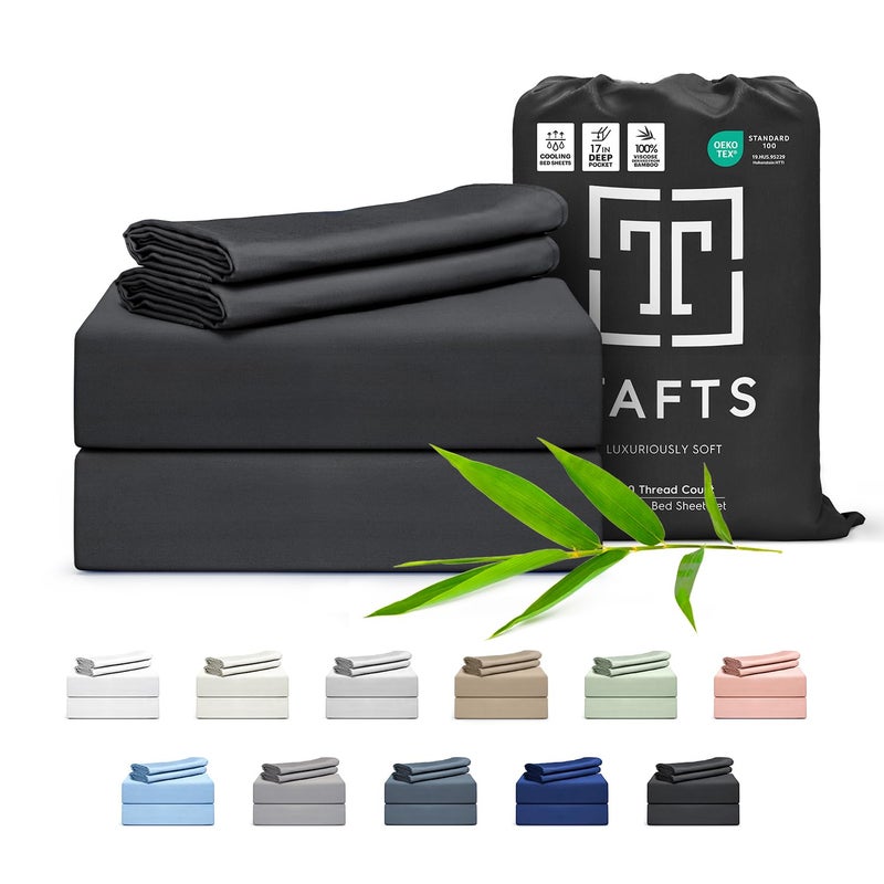 Tafts Tafts 100% Viscose derived from Bamboo Sheets Cali-King Size Bed Sheet Set  17 Inch Deep Pockets  Luxuriously Soft  Silky  Cooling Sheets  Double Stitched  Lifetime Quality Promise (Black)  - Image 1