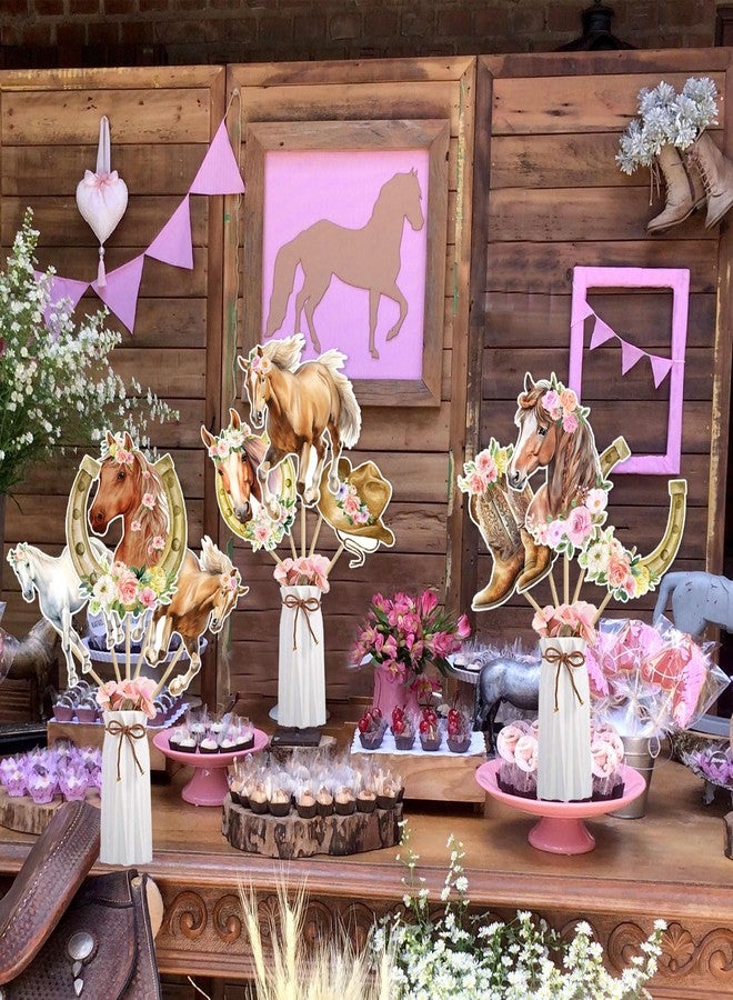 Fangleland 24Pcs Horse Centerpieces Sticks Table Decorations for Girl, Horse Themed Birthday Party Supplies, Racing Horse Western Cowgirl Pink Floral Centerpieces Table Toppers Home Decor - Image 3