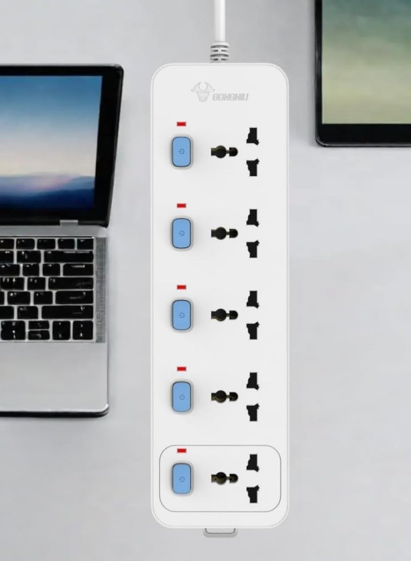 ELTRAZONE White Electric Extension Socket - 5-Way Surge Protected Power Strip with Child Safety Shutters, Individual Switches, LED Indicator, 3M & 5M Long Cord, Universal Compatibility  - Image 1