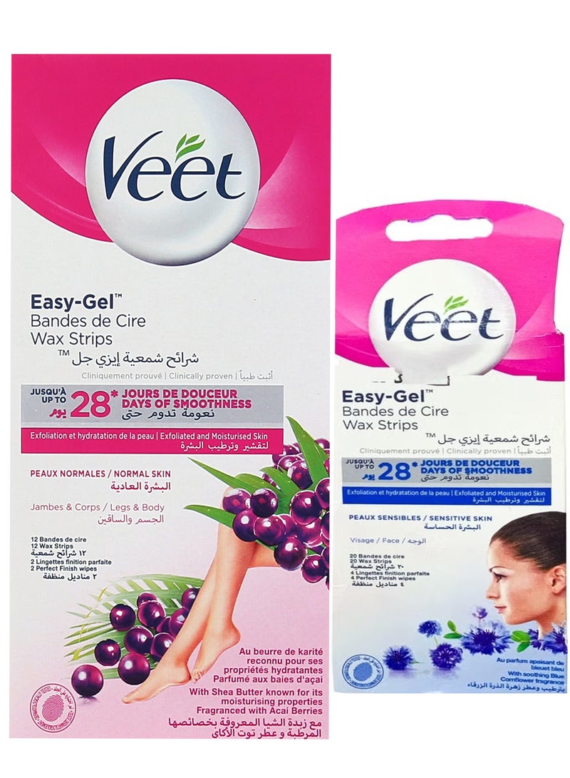Veet Veet Hair Removal Wax Stripes For Normal Skin + Veet Hair Removal Wax Stripes For Face  For Sensitive Skin - Image 1