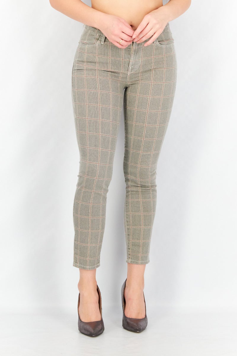 FRAME Women Skinny Fit Stretchable Plaid Pants, Grey - Image 1