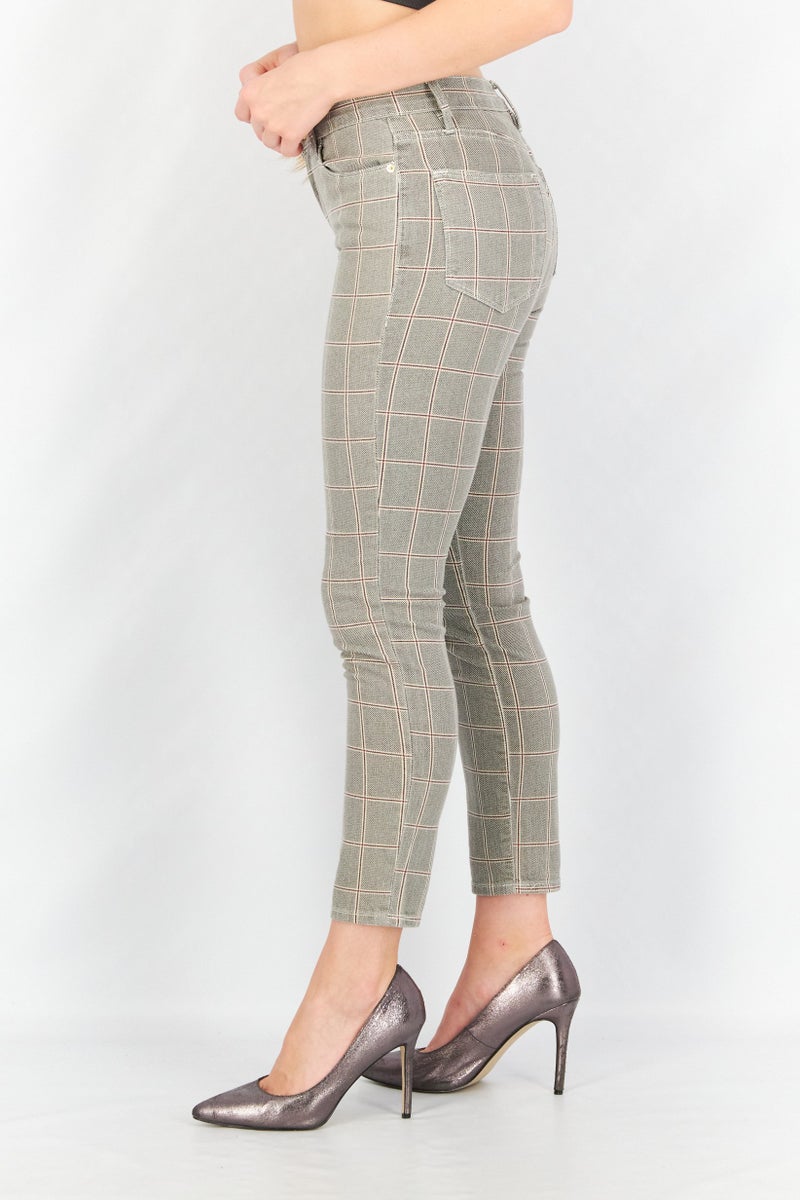 FRAME Women Skinny Fit Stretchable Plaid Pants, Grey - Image 3