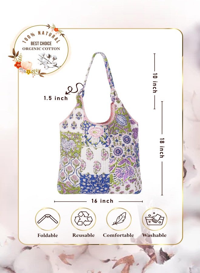 SENORA Floral Print Quilted Cotton Tote Bag, Multicolour, Spacious Shoulder Bag for Velcro Travel, Shopping and Daily Use - Image 2