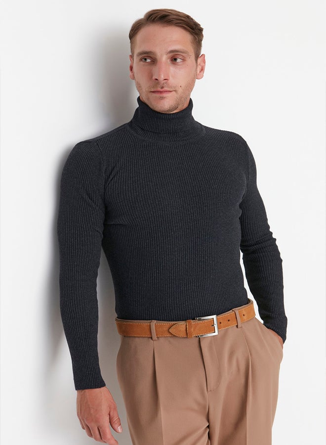 trendyol Anthracite Fitted Slim Fit Cotton Turtleneck Ribbed Knit Sweater - Image 1