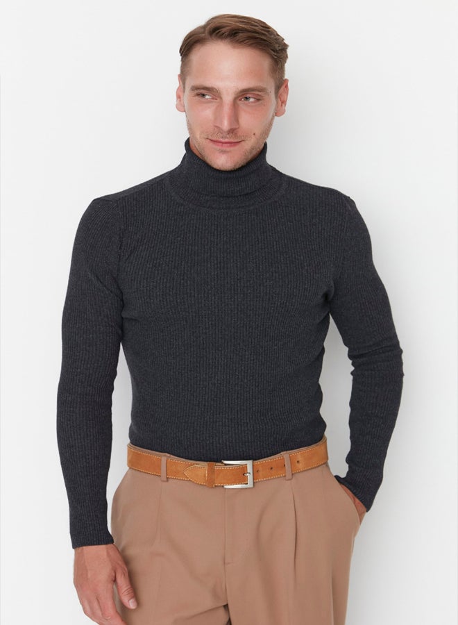 trendyol Anthracite Fitted Slim Fit Cotton Turtleneck Ribbed Knit Sweater - Image 2