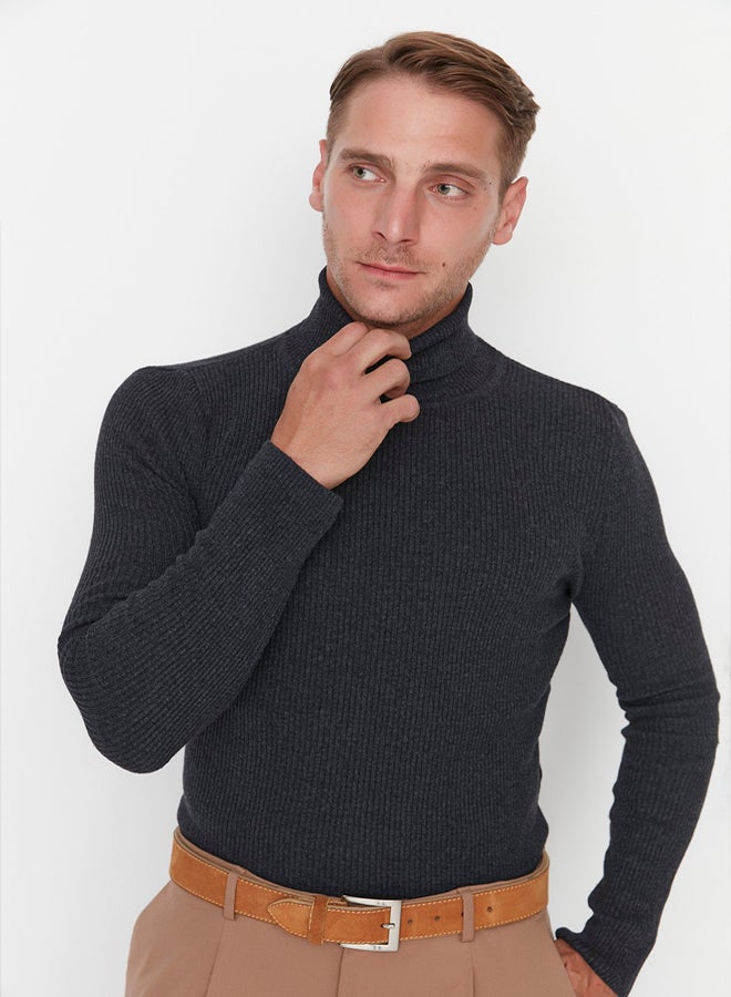 trendyol Anthracite Fitted Slim Fit Cotton Turtleneck Ribbed Knit Sweater - Image 3