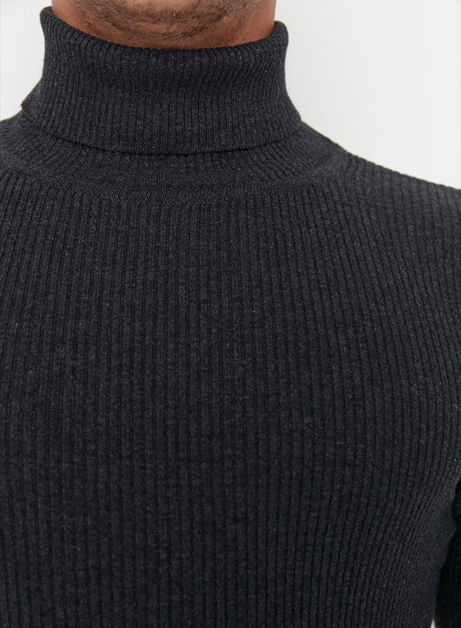 trendyol Anthracite Fitted Slim Fit Cotton Turtleneck Ribbed Knit Sweater - Image 4