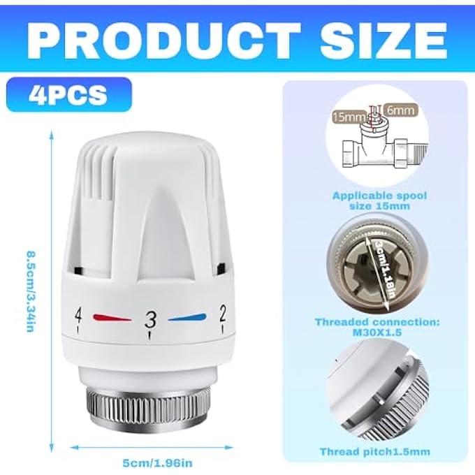 THERMOSTATIC HEAD, PACK OF 4 HEATING THERMOSTAT, RADIATOR THERMOSTATIC HEAD, HEATING CONTROLLER, RADIATOR VALVE FOR THREAD M30 X 1.5, THERMOSTAT HEATING, THERMOSTAT HEAD FOR OFFICE, HOME - Image 3