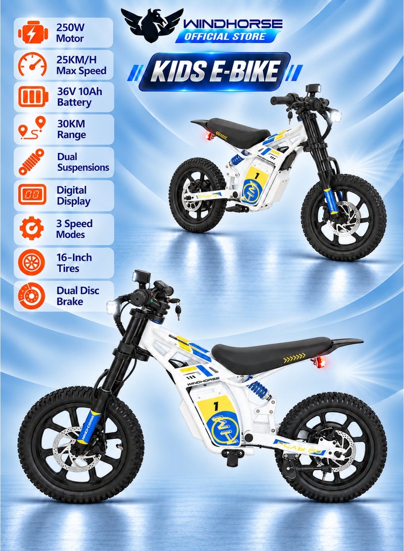 Wind Horse Kids Electric Bike 250W Motor, 25KM/H Max Speed, 36V10Ah Battery, 30 KM Range, Artificial Engine Sound, Bluetooth Speaker, Dual Suspensions, Digital Display, 3 Speed Mods, 16 Inches Tires, Dual Disc Brake (3-10 Age) - Image 1