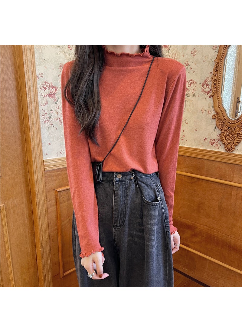 Generic Womens Autumn/winter 2021 New Half Polo/turtle Neck Knitted Top Long Sleeve Pullover Inner Base Layer Knitted Coat Red Brown 