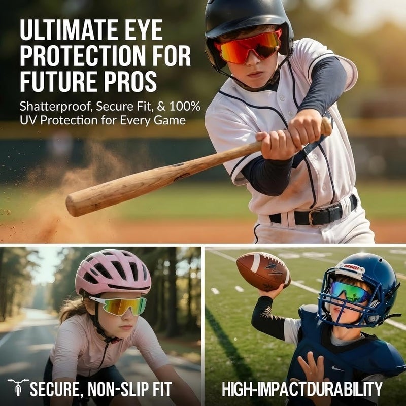 GLARDEFE Kids Baseball Sunglasses - Youth Baseball Sunglasses for Boys Girls - Sports Softball Shades Age 6-14(White/Blue Mirror + Blue/Green Mirror) - Image 2