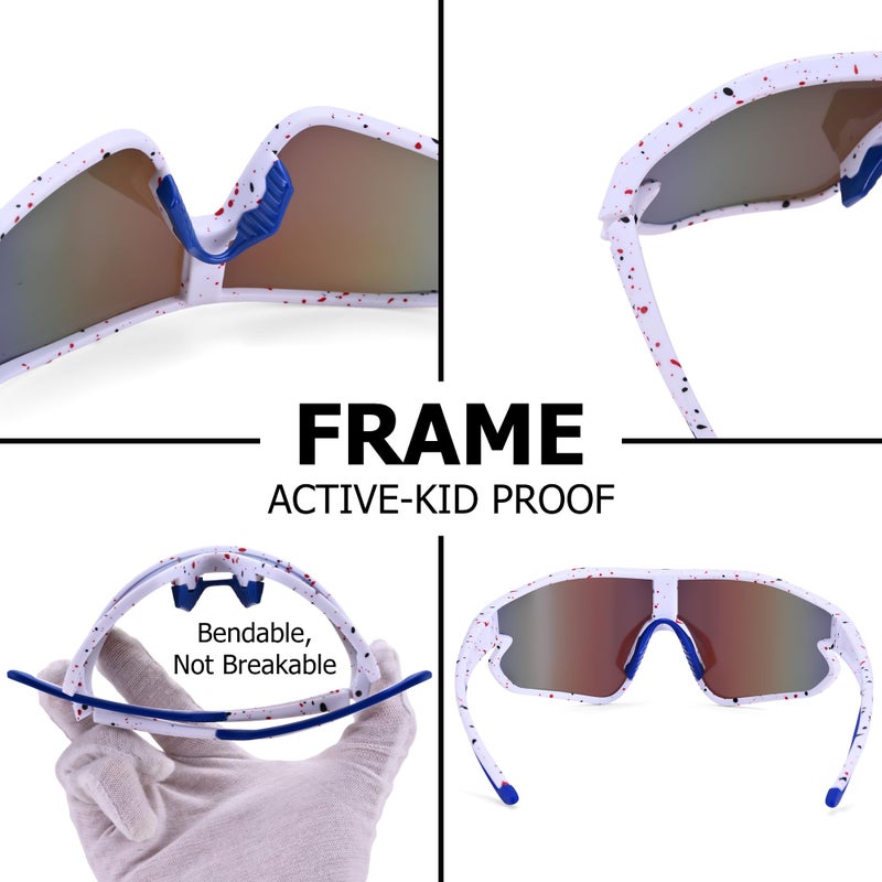 GLARDEFE Kids Baseball Sunglasses - Youth Baseball Sunglasses for Boys Girls - Sports Softball Shades Age 6-14(White/Blue Mirror + Blue/Green Mirror) - Image 4