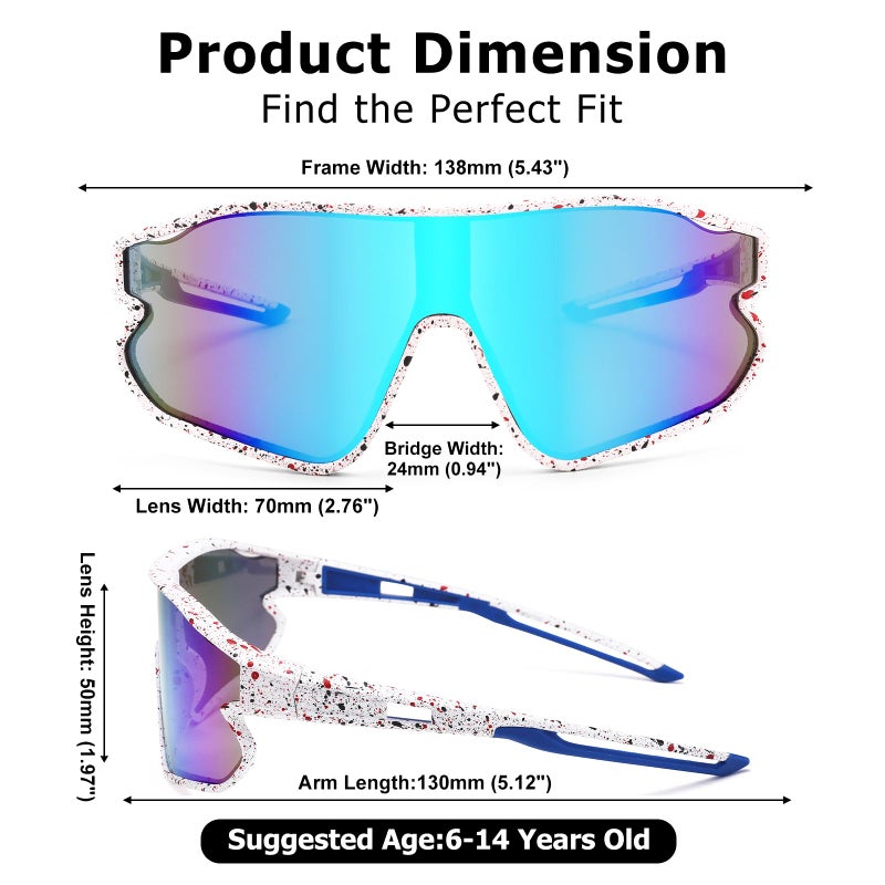 GLARDEFE Kids Baseball Sunglasses - Youth Baseball Sunglasses for Boys Girls - Sports Softball Shades Age 6-14(White/Blue Mirror + Blue/Green Mirror) - Image 5