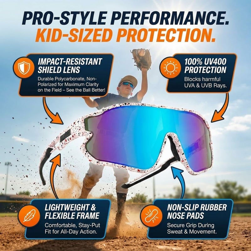 GLARDEFE Kids Baseball Sunglasses - Youth Baseball Sunglasses for Boys Girls - Sports Softball Shades Age 6-14(White/Blue Mirror + Blue/Green Mirror) - Image 3