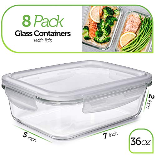 Prep Naturals PrepNaturals 8 Pack 36 Oz Glass Meal Prep Containers - Dishwasher Microwave Freezer Oven Safe - Glass Storage Containers with Lids (Multi-Compartment) - Image 2