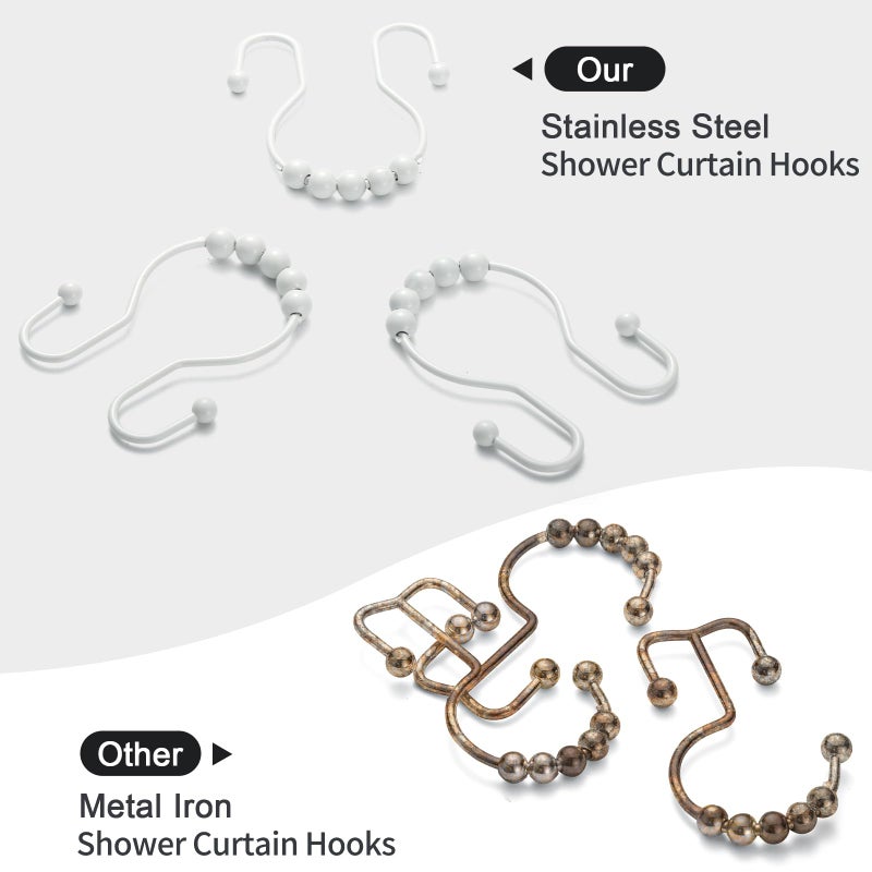 Goowin Shower Curtain Hooks, 12 Pcs Shower Curtain Rings, Stainless Steel Shower Curtain Hooks Rings Rust Proof, Smooth Sliding Anti-Drop Double Shower Hooks for Shower Curtain, Rods (White) - Image 2