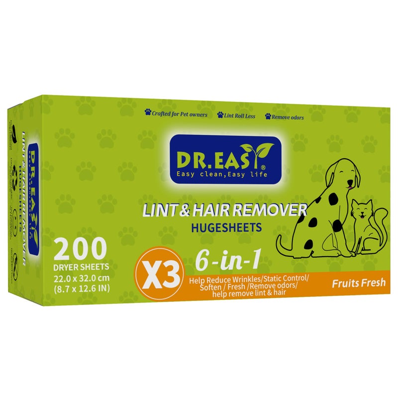 DR. EASY Dr.Easy LINT & HAIR REMOVER Pet HUGESHEETS with 3X ODOR REMOVE Dryer Sheets, Fruits Fresh, 200 Count,PLANT&MINERAL-BASED FORMULA - Image 1