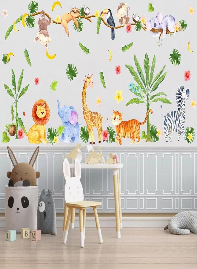 YIMEHDAN Watercolor Jungle Animal Wall Decals- Elephant, Monkey, Lion, Tiger, Zebra, Giraffe Safari Vinyl Wall Stickers- Tropic Forests Wildlife Artwork for Nursery Toddler Room Kindergarten Decor - Image 1