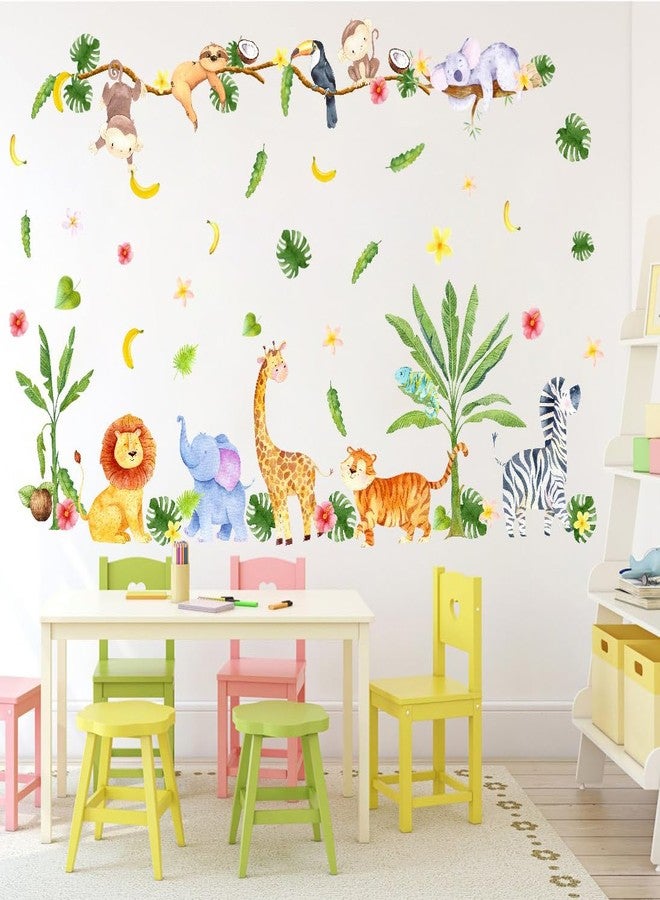 YIMEHDAN Watercolor Jungle Animal Wall Decals- Elephant, Monkey, Lion, Tiger, Zebra, Giraffe Safari Vinyl Wall Stickers- Tropic Forests Wildlife Artwork for Nursery Toddler Room Kindergarten Decor - Image 2