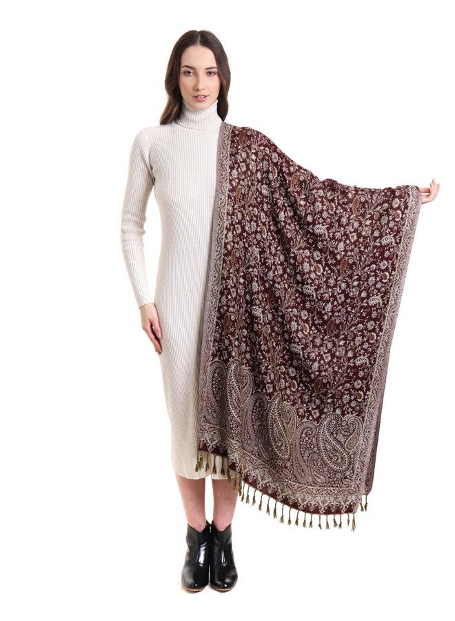 EH شال بوشمينا من إي إتش، نسج جاماوار بتصميم جميل من البايسلي والزهور، قماش ناعم جداً، شال، وشاح، لف. (شوكولاتة داكنة) ، (نسائي)، متعدد الألوان - Image 2