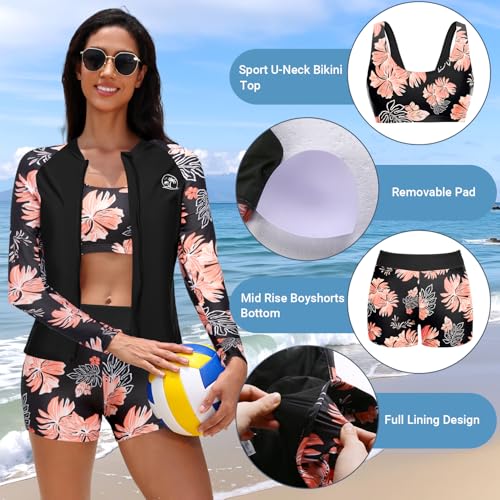Holipick Orange Floral Long Sleeve Swimsuits for Women - 3 Piece Rash Guard with Shorts Zipper SPF Swim Shirt with Built in Bra XL - Image 3