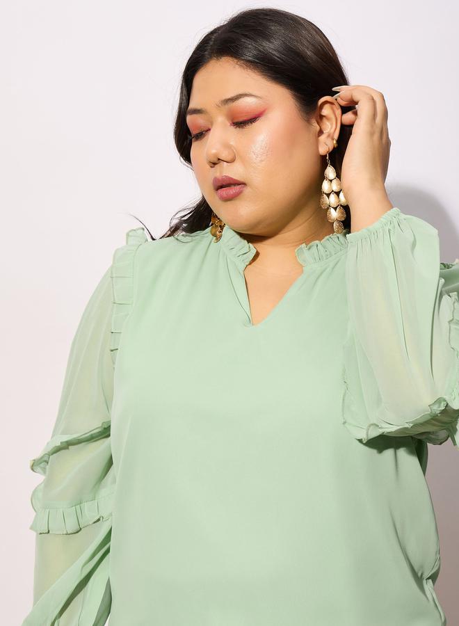 SASSAFRAS Plus Top with Notch Neck and Ruffle Sleeve Detail by Styli - Image 4