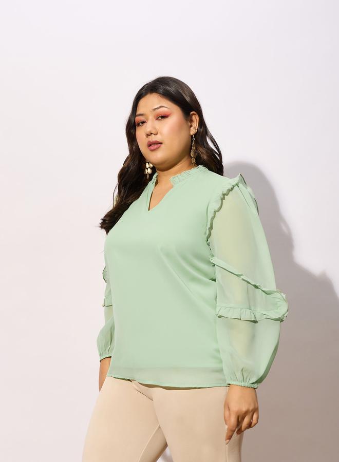 SASSAFRAS Plus Top with Notch Neck and Ruffle Sleeve Detail by Styli - Image 3