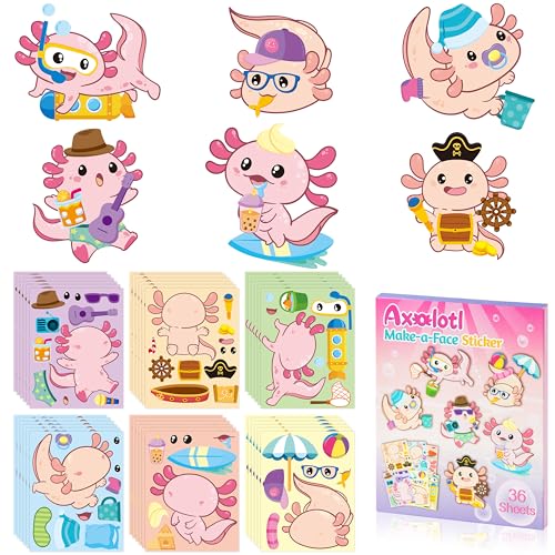B1ykin Axolotl Make a Face Sticker 36 Sheets Make Your Own Cute Animal Stickers Mix Match DIY Art Craft for Birthday Party Favors School Activity Games and Christmas Stocking Stuffers - Image 1